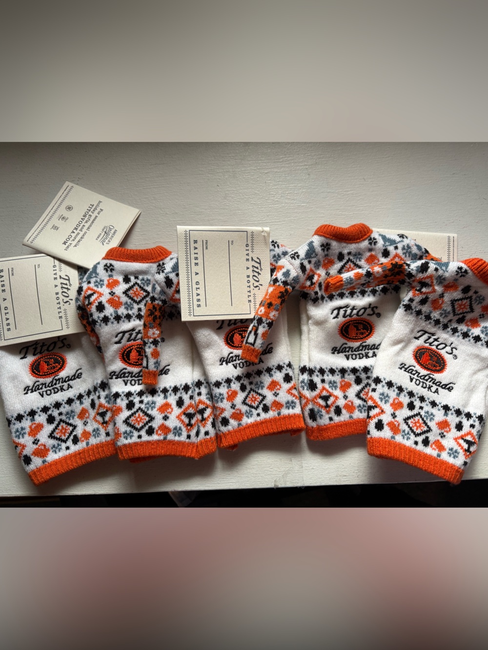 New-5 Tito's Handmade Vodka Orange & White Knit Holiday Festive Bottle Sweater